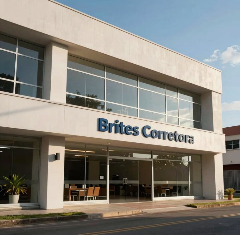 Fachada moderna e iluminada do escritório da Brites Corretora em Altônia, destacando a solidez e o profissionalismo da sede física.