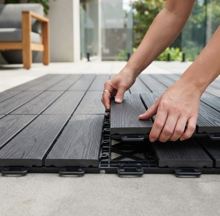 Close-up of interlocking deck tiles being snapped together by hands on a modern patio, bright architectural photography, soft natural daylight, clean neutral tones, high-end interior design, sharp focus, 35mm