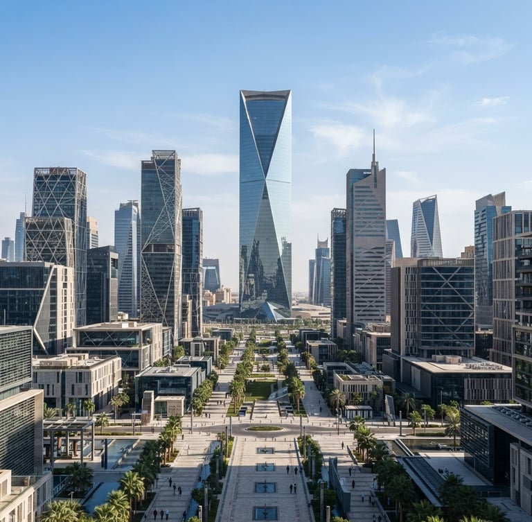 Symmetrical architectural shot of Riyadh modern financial district skyline, bright clean daylight, sharp focus, 35mm