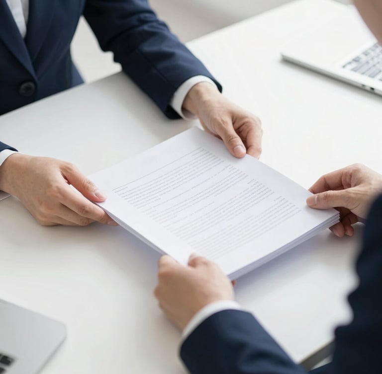 Close-up of professional hands organizing structured documents on a clean white desk, bright corporate daylight, deep navy tones