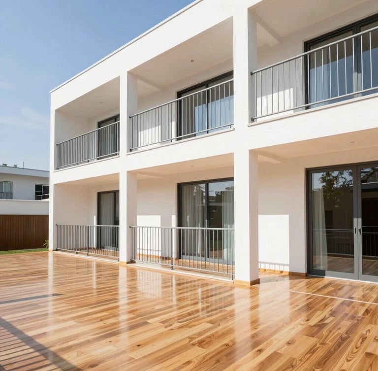 Crisp architectural photography of a modern multi-story townhouse interior with bright natural daylight reflecting off immaculate hardwood floors and clean steel railings