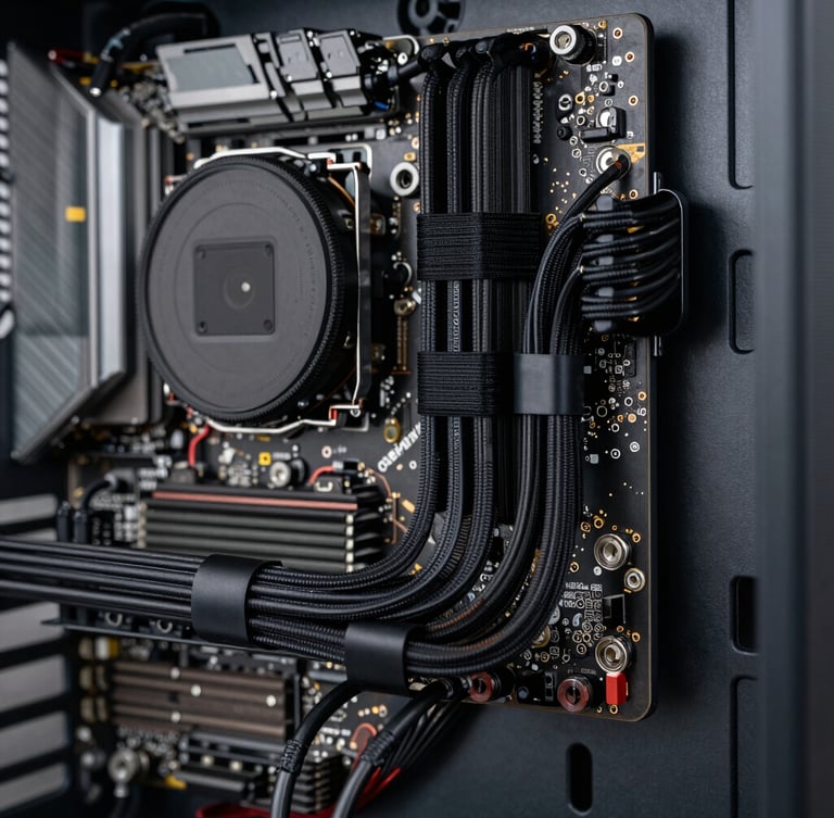 Close-up of a custom PC interior showing flawless cable management, clean routing paths, matte black zip ties, and perfectly aligned power delivery cables near the motherboard edge.