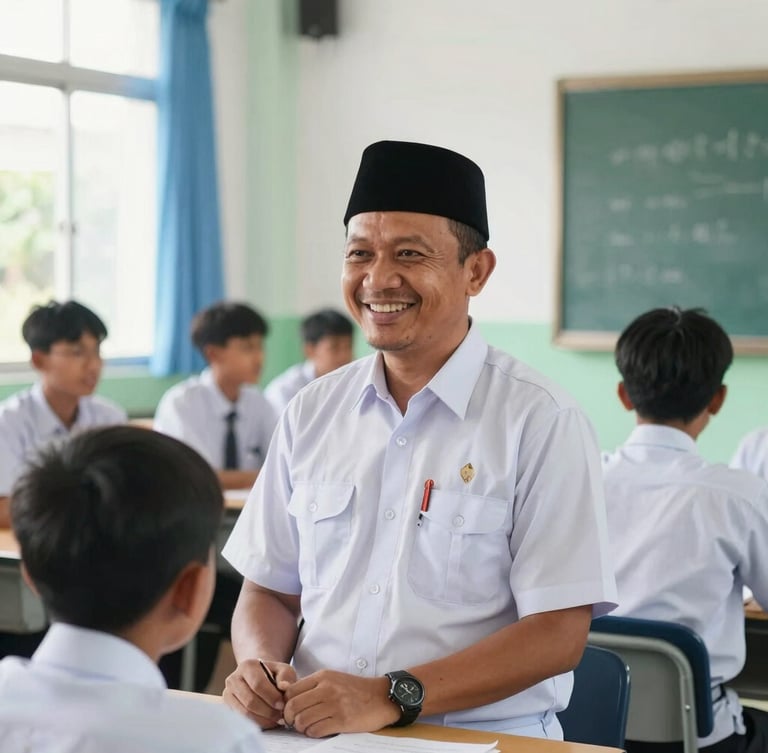 Pak Nasir Koto, an Indonesian Islamic teacher in a neat uniform, smiling warmly in a bright modern classroom, natural daylight, 35mm educational photography