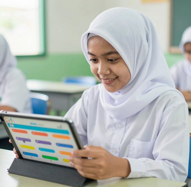 Bright educational photography, close-up of a female Indonesian high school student wearing a neat white school hijab, smiling while looking at a tablet showing colorful learning progress charts, natural classroom daylight, green and blue accents, 35mm