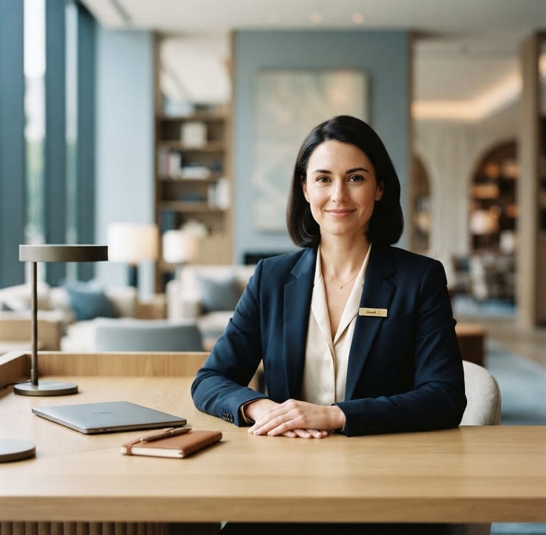 Professional, calm concierge agent looking directly at the camera, in a modern, serene office setting, soft natural daylight, shallow depth of field.