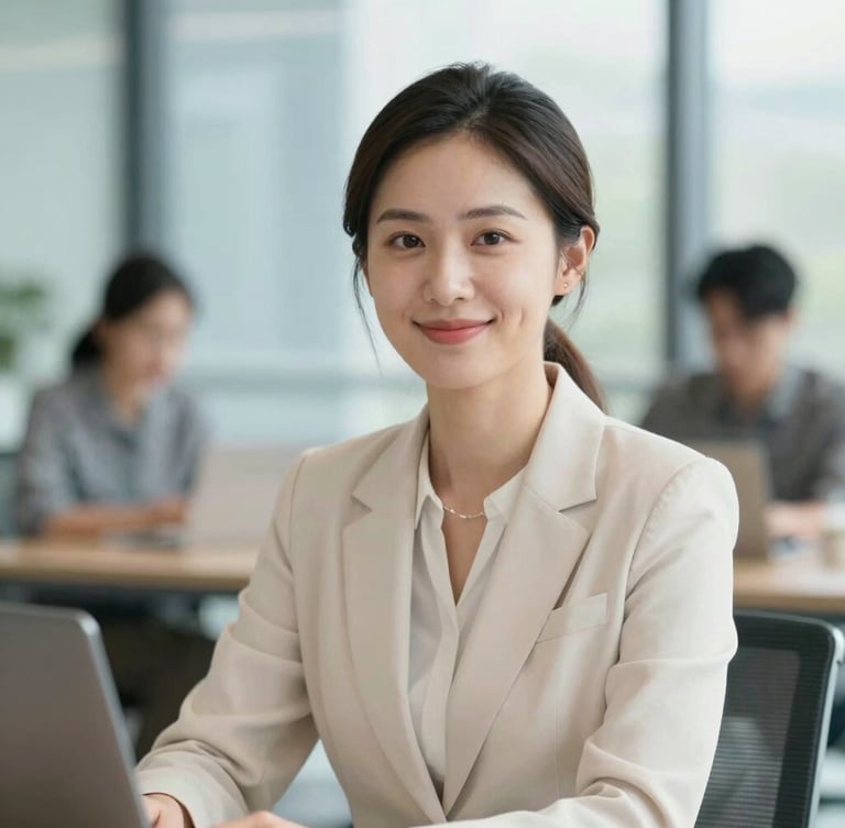 Professional, approachable agent smiling gently, looking towards the viewer, in a modern, serene office setting, soft natural daylight, shallow depth of field, conveying humanized support.
