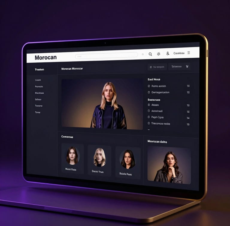 Sleek dark-mode digital render of a premium Moroccan e-commerce dashboard, dramatic purple and gold neon studio lighting, high-contrast obsidian tones, razor-sharp focus