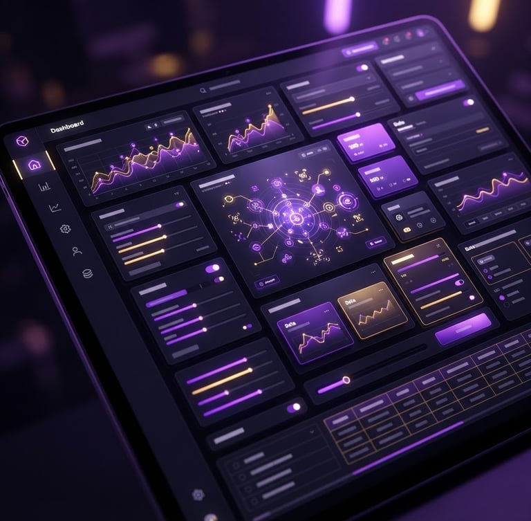 Sleek dark-mode digital render of a responsive web interface, dramatic purple and gold neon studio lighting, high-contrast obsidian tones, razor-sharp macro focus