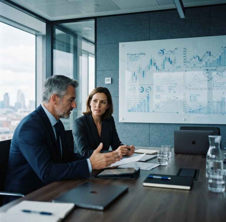 Medium close-up of a modern corporate boardroom in cool daylight, financial modeling projections visible on a clean glass board in the background, sharp focus, deep blue and slate tones, 35mm