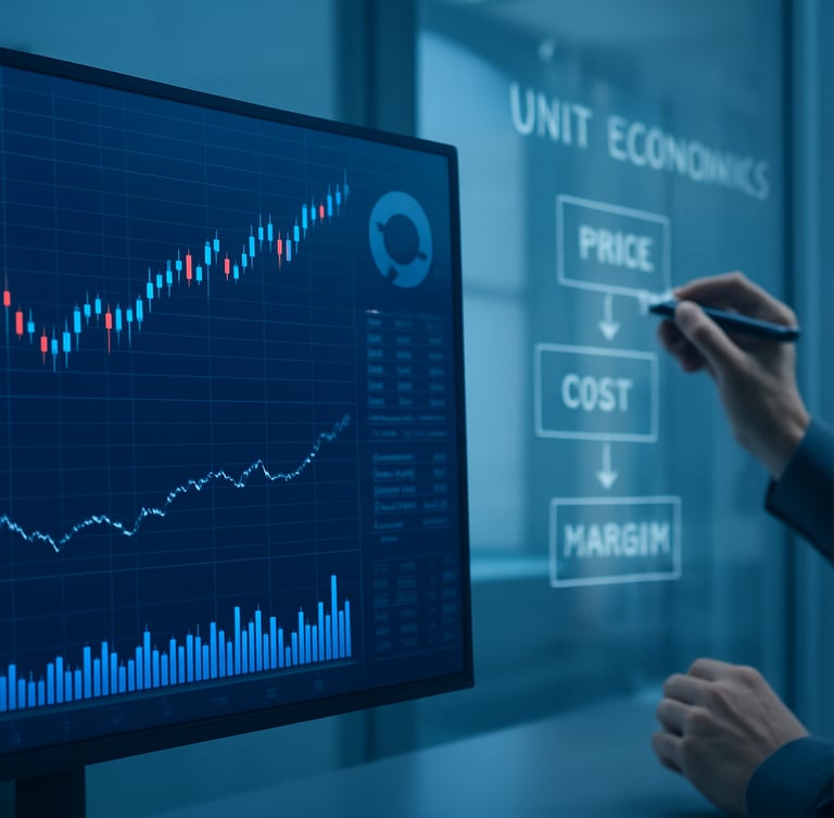 Close-up of a financial model with complex graphs on a high-end monitor, hands sketching unit economics on a glass board in the background, sharp focus, cool professional lighting, deep blue tones
