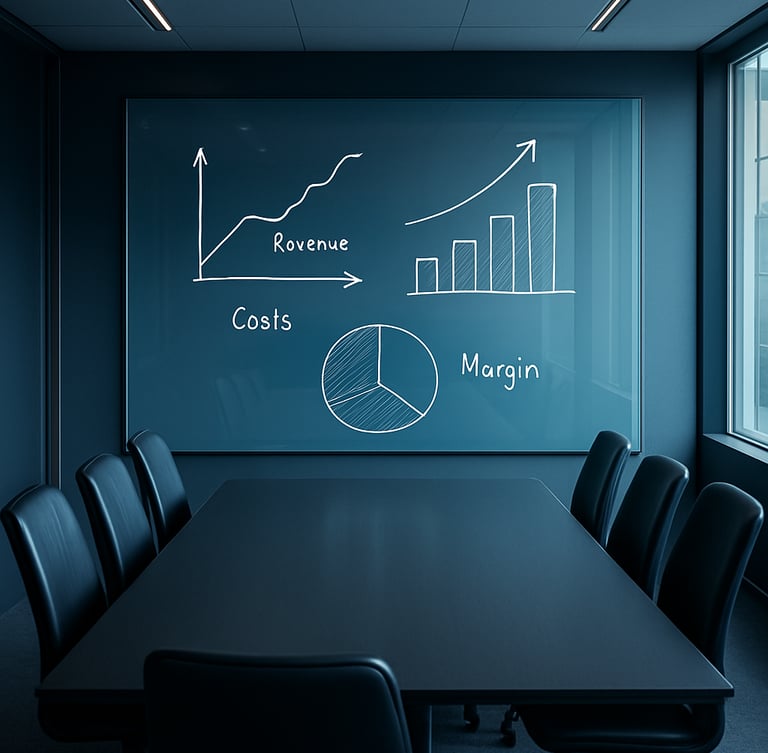 Modern corporate boardroom, clean glass board with sketched unit economics, cool daylight, professional studio lighting, 35mm