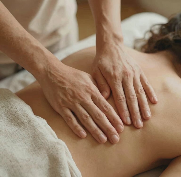 Macro close-up of warm hands performing a precise deep tissue massage on a shoulder, soft-focus organic linen sheets, warm golden-hour shadows, serene film grain.