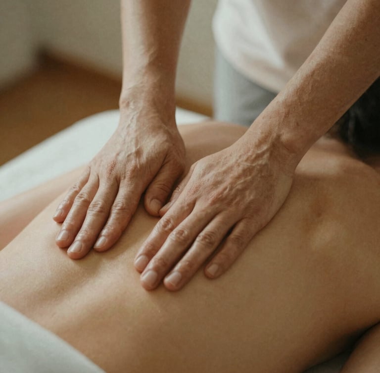 Close-up of therapeutic massage hands applying precise, gentle pressure on a back, soft warm lighting, muted earth tones, serene film grain.