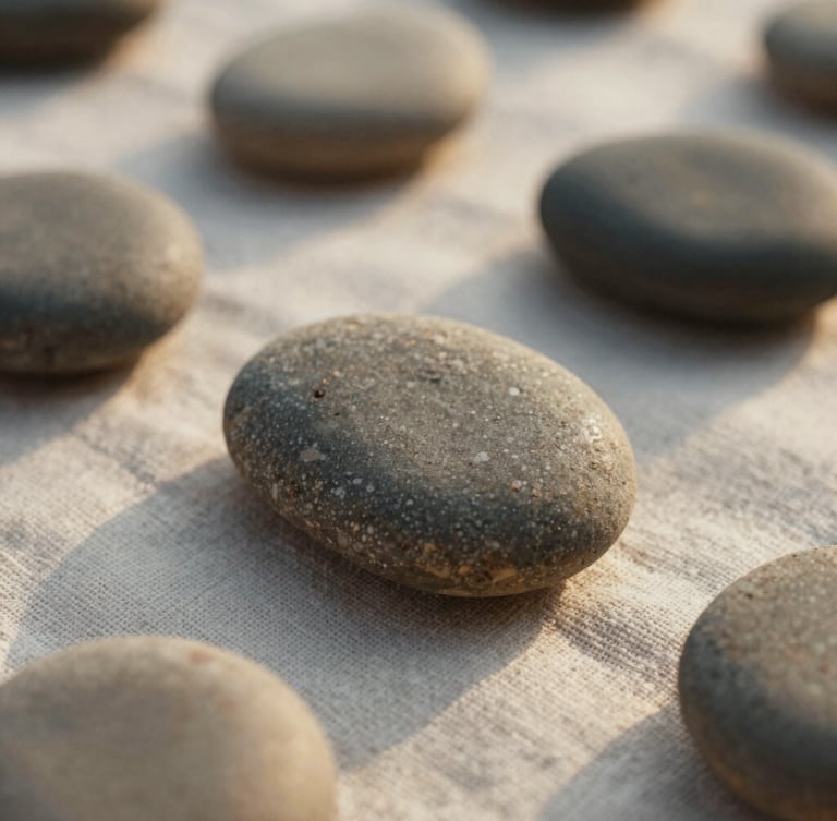 Macro close-up of smooth basalt river stones resting on fine organic linen sheets, soft diffused natural light, warm golden-hour shadows.