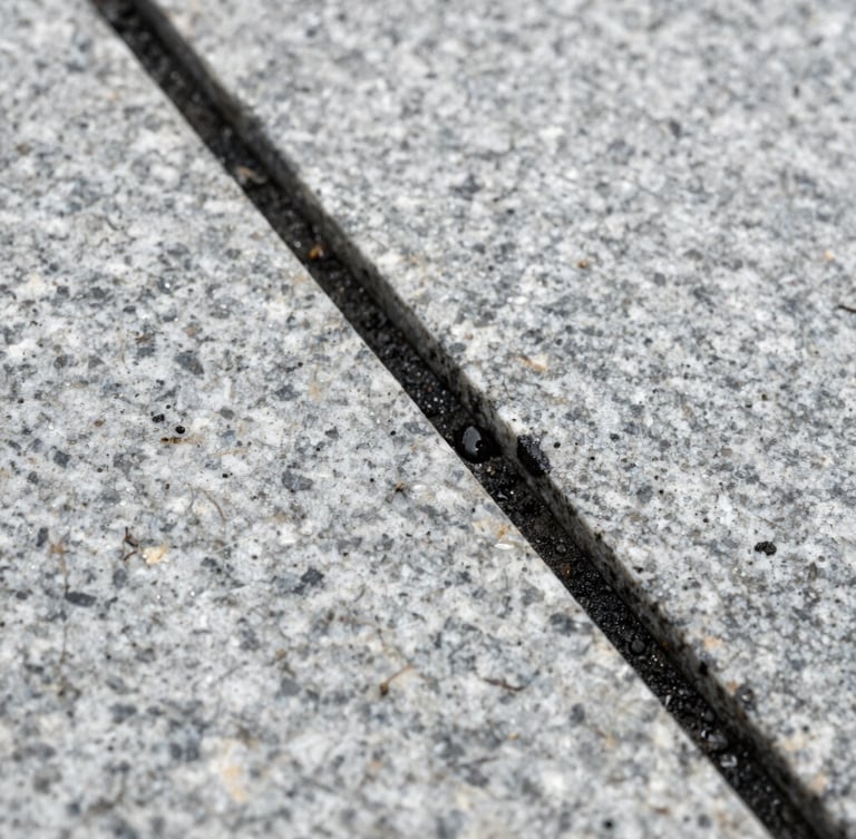Macro straight-on shot of weathered exterior stone tiles, a sharp diagonal line separating deep black grime from pure light gray granite, water droplets glistening under bright overcast sky.