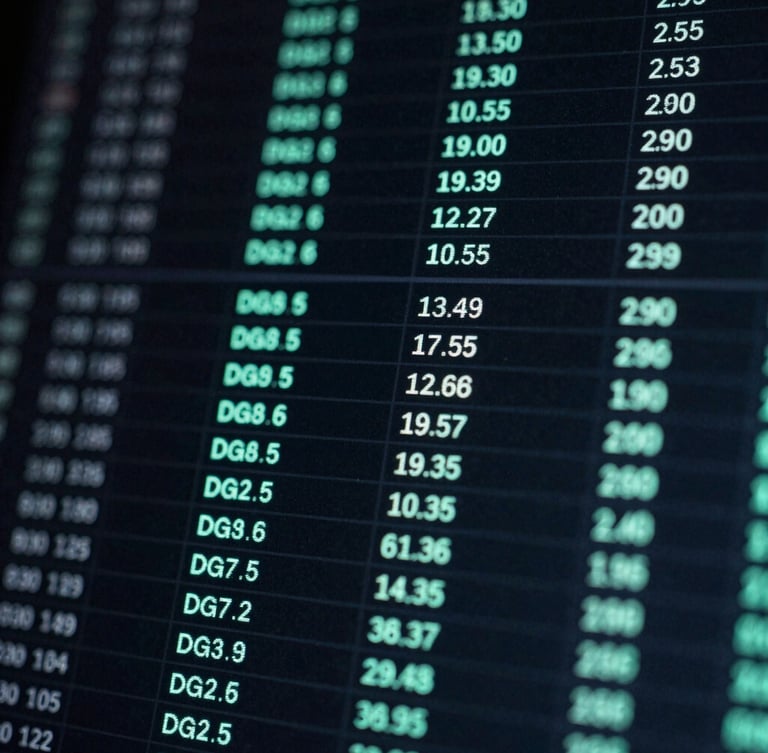 Extreme close-up of a dark digital interface showing live real estate inventory grids with neon-mint active indicators, cool screen glow, high contrast.