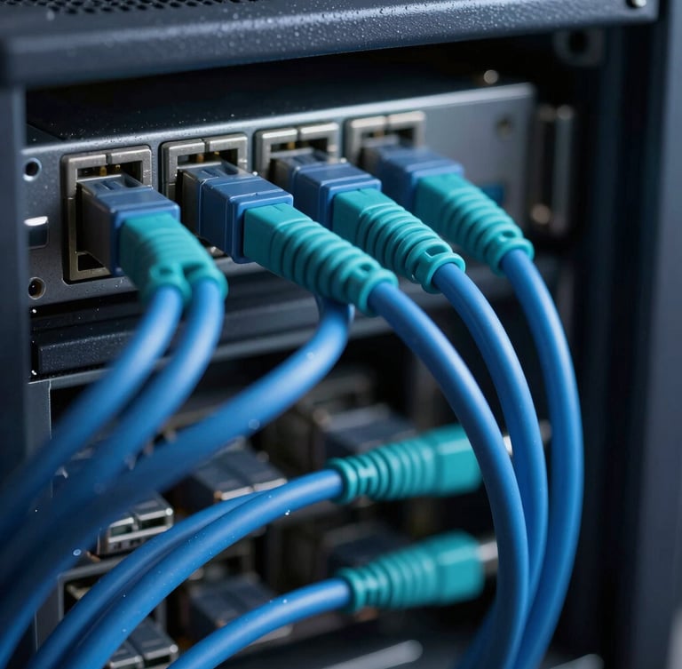 Macro shot of organized blue and teal network cables connected to a server rack, cool-toned lighting, shallow depth of field