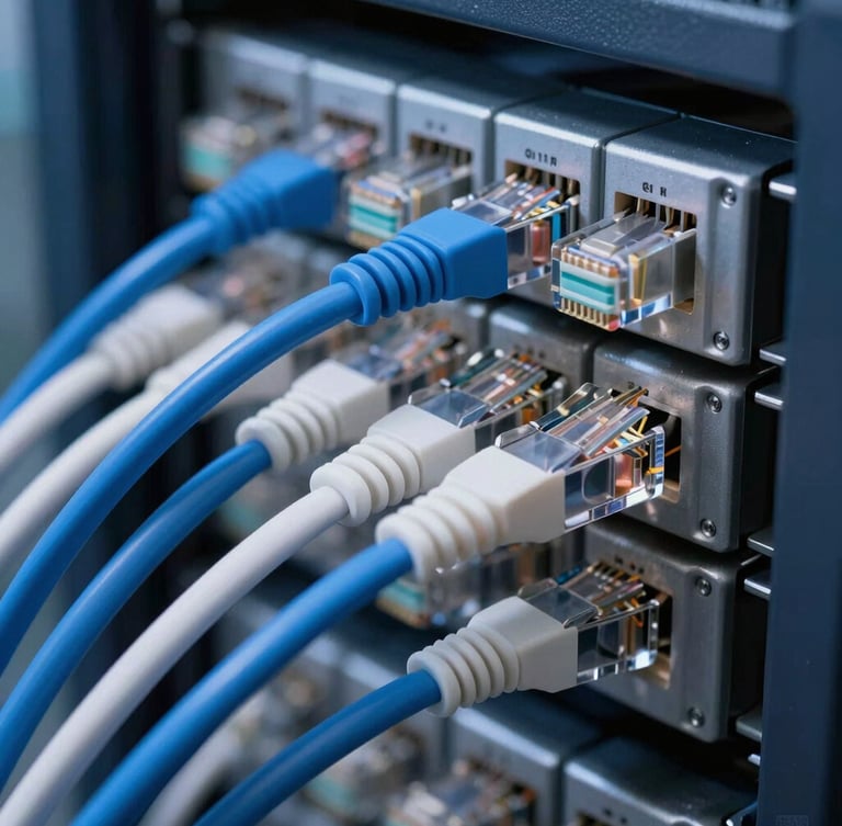 Macro shot of organized blue and white ethernet cables connected into a clean, professional server rack, cool-toned corporate IT lighting.