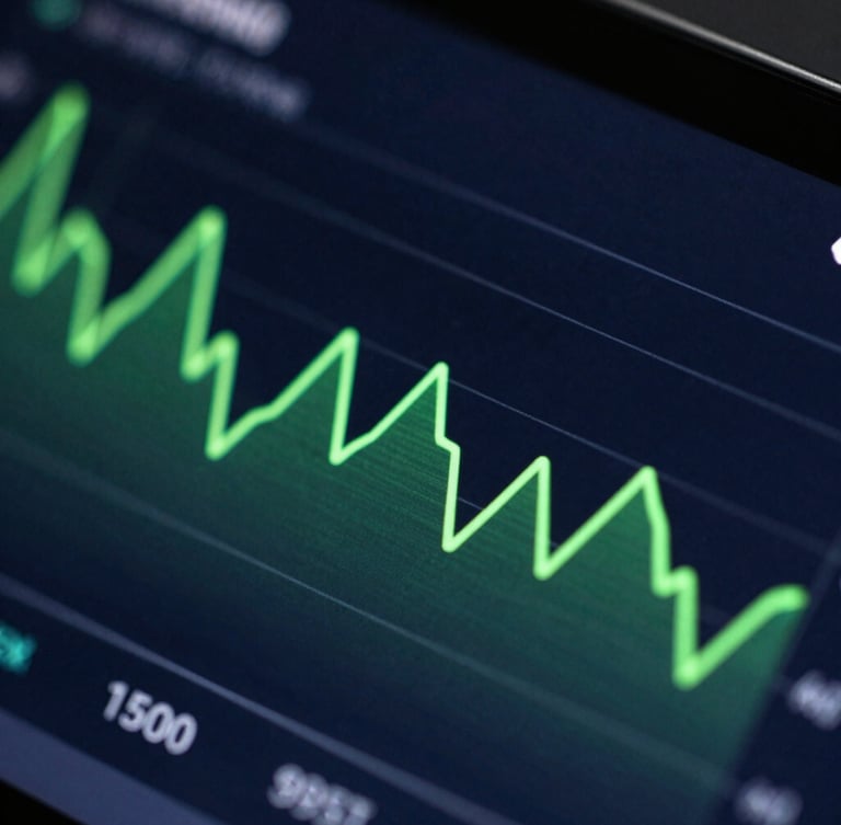 Extreme macro close-up of a high-resolution Android screen displaying a real-time system performance graph with neon green lines and dark slate background, cool studio lighting, 35mm
