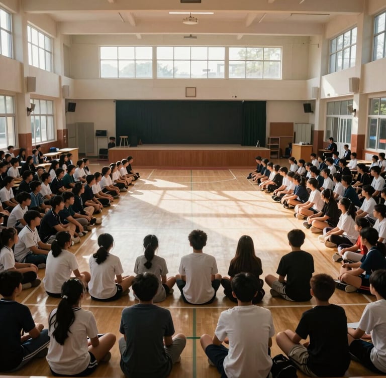 Wide-angle environmental shot of a packed school assembly taken from the back of the room, high-contrast daylight streaming through high windows, students sitting on gym floor focused toward a central stage.