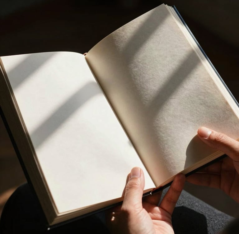 A tight macro shot of hands holding open a physical book under sharp, high-contrast daylight, casting deep architectural shadows across the pages.