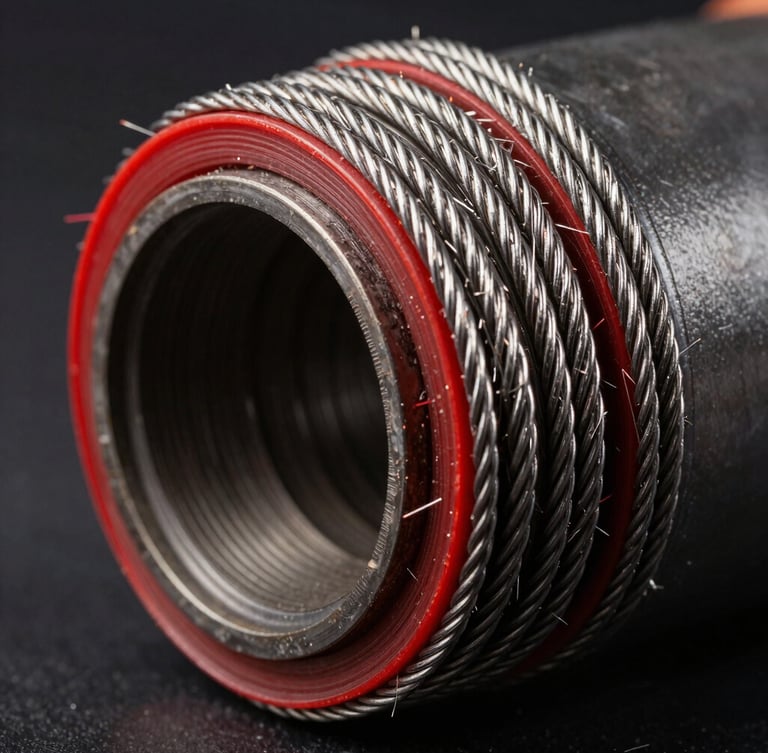 Extreme macro close-up of a high-pressure hydraulic hose cross-section, showing four layers of high-tensile steel spiral wire reinforcement, sharp red rim lighting on steel fibers, dark-field studio lighting.