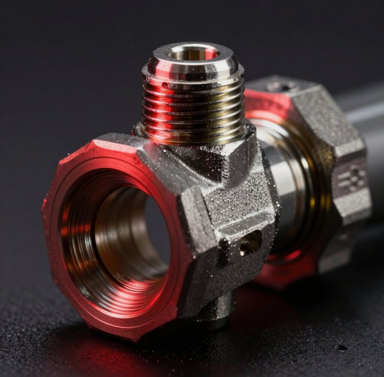 Extreme close-up of a heavy-duty hydraulic hose crimp fitting with sharp red rim lighting reflecting off steel threads, dark-field studio background