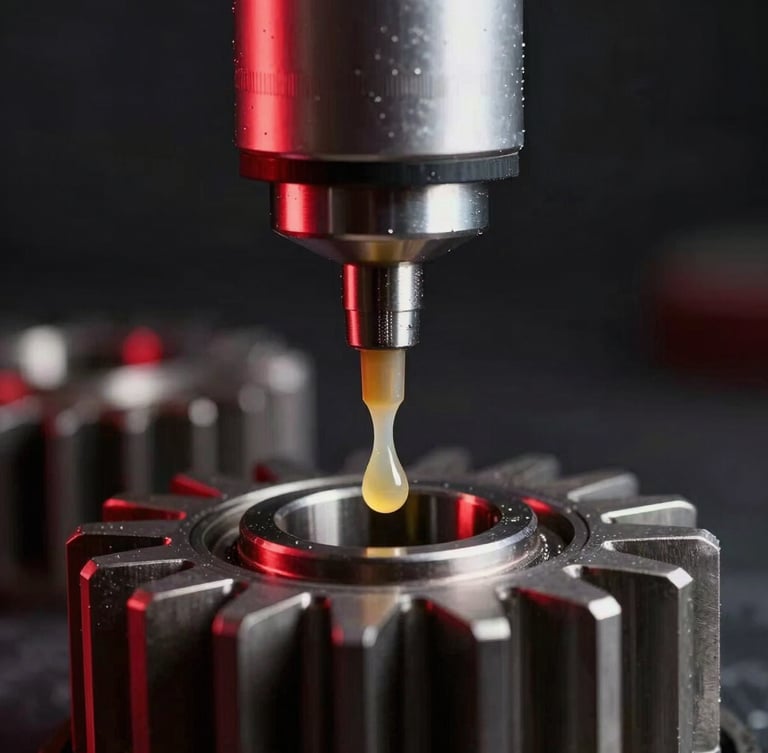 Extreme close-up of a precision lubrication nozzle dispensing a metered drop of synthetic grease onto a steel gear, dramatic red rim lighting, dark-field studio shot