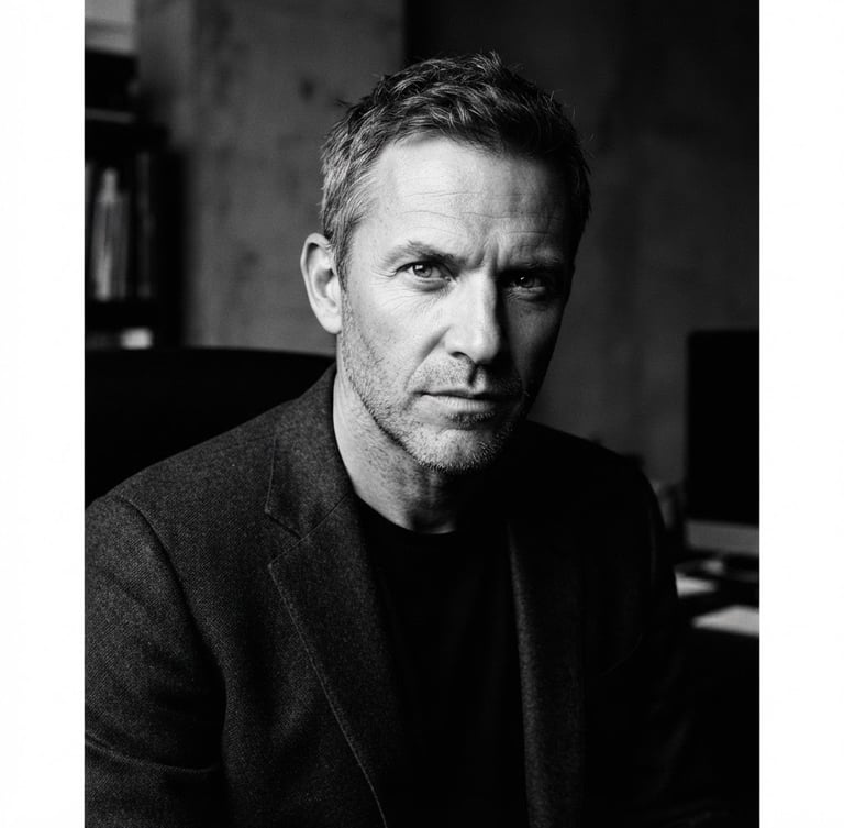 High-contrast black and white editorial portrait of a creative director, sharp focus, dramatic side-lighting, deep shadows, 35mm