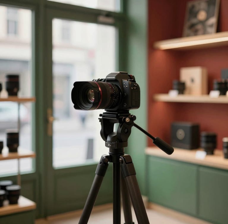 Behind-the-scenes shot of a professional camera on a compact tripod inside a cozy Scandinavian-style retail shop, soft side-lighting, matte forest green accents, 35mm