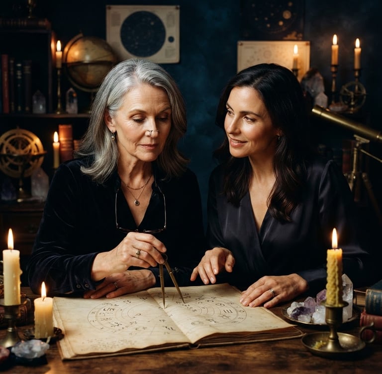 A close-up, high-end editorial portrait of two professional astrologers, low-key warm candlelight, deep midnight blue background, sophisticated and intellectual look, 35mm