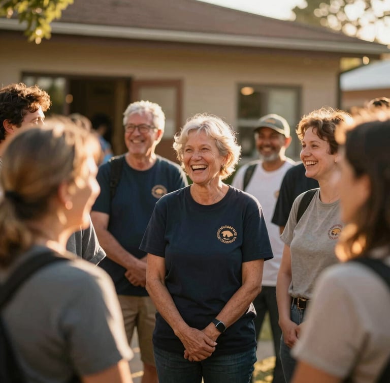 A group of local volunteers of various ages standing together outside a community center, laughing candidly in warm golden hour sunlight, shallow depth of field, 35mm warm editorial photography.