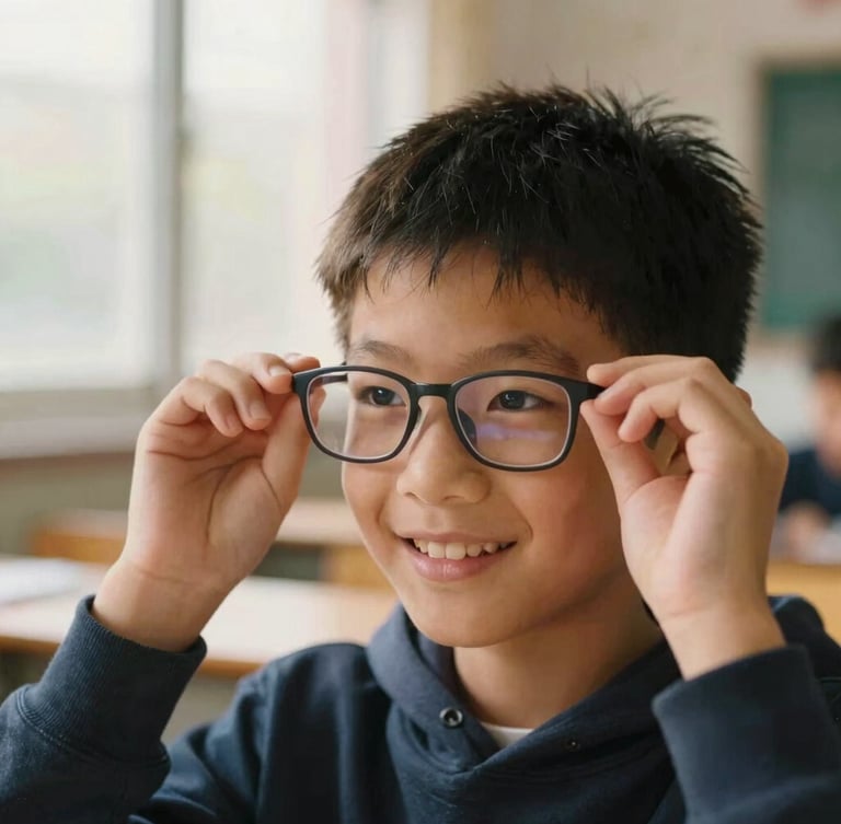 A candid close-up of a young student trying on a new pair of eyeglasses, smiling warmly under soft classroom window light, 35mm editorial photography.