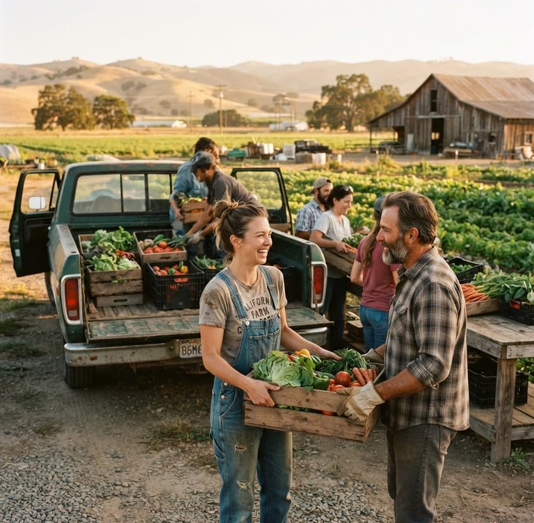 Candid documentary photo of warm golden-hour light over a California valley farm, local volunteers unloading crates of fresh food from a truck, 35mm editorial style