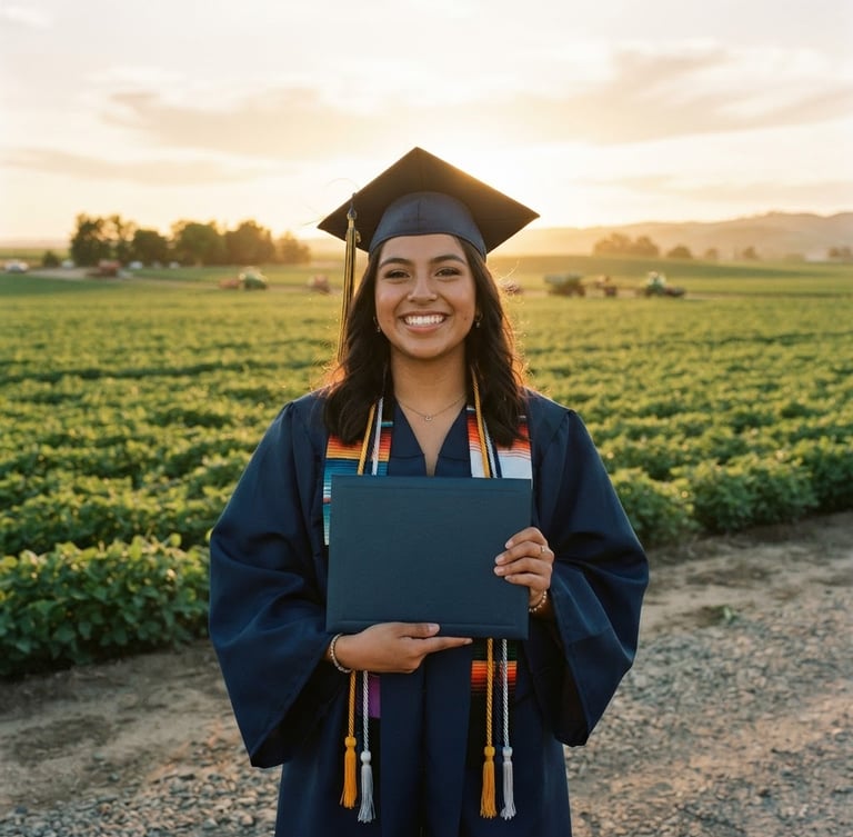 Candid documentary photograph of a local high school graduate smiling in warm golden-hour light, holding a diploma folder, agricultural fields stretching in the background, 35mm style.