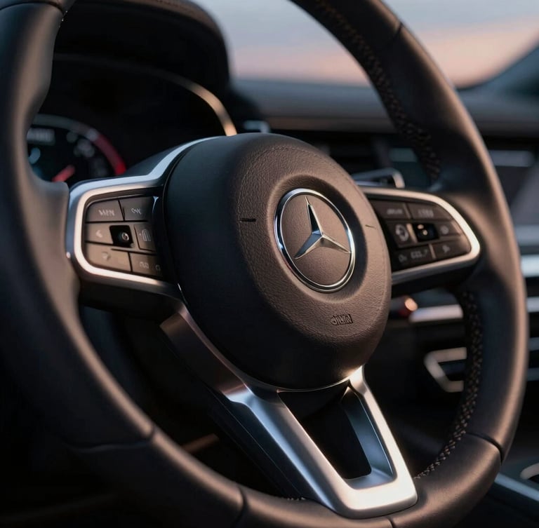 Close-up of a luxury steering wheel with metallic silver accents, low-key dramatic twilight lighting, sharp focus, 35mm