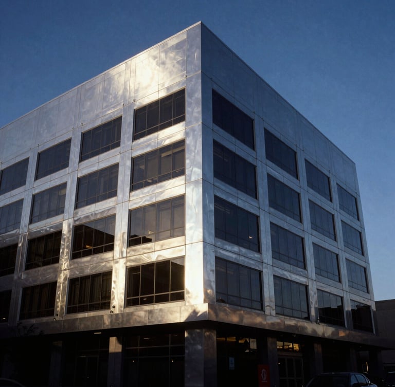 Low-key dramatic twilight shot of a modern architectural office building in downtown El Paso, sharp metallic reflections, cool silver highlights, 35mm