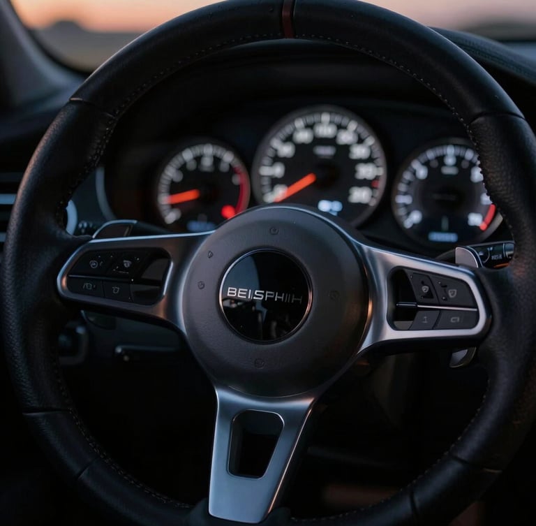 Macro close-up of a high-end steering wheel and dashboard with glowing silver dials, dramatic low-key twilight lighting, sharp focus