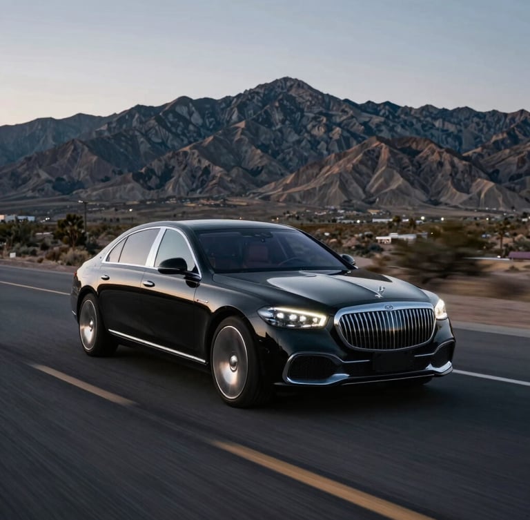 Wide environmental shot of a high-end black luxury sedan driving on an open West Texas highway near the Franklin Mountains at dusk, cool silver highlights