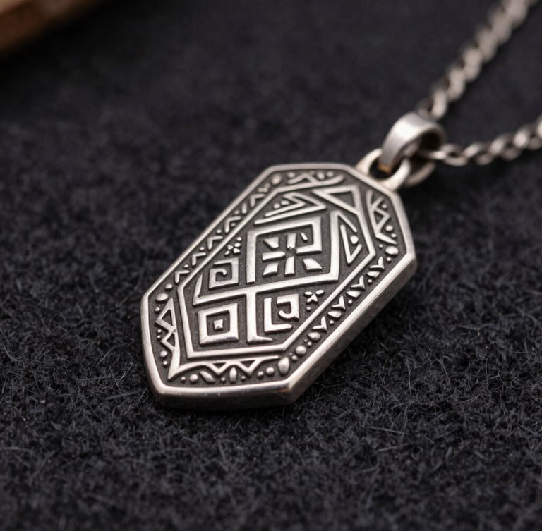 Macro shot of traditional Bashkir silver jewelry with detailed geometric engraving, resting on dark felt, dramatic side studio lighting.