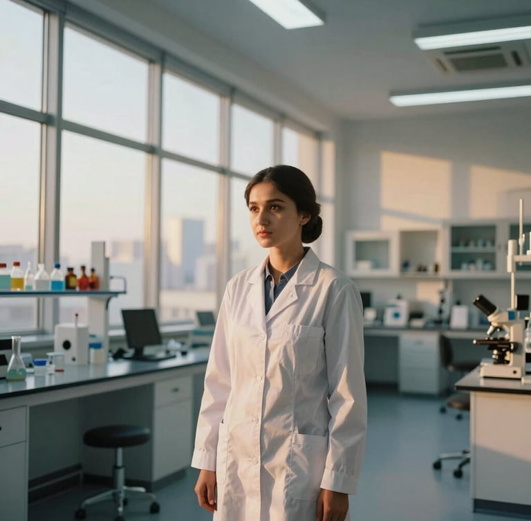 Wide-angle dramatic portrait of a young Bashkir female scientist in a modern Dubai laboratory, warm golden light filtering through high windows, clean minimalist background, cinematic depth.