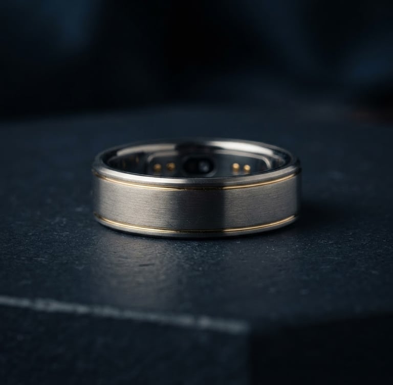Sleek, brushed titanium smart ring on a dark, minimalist surface, sharp macro focus, moody studio lighting, subtle gold accents, 35mm