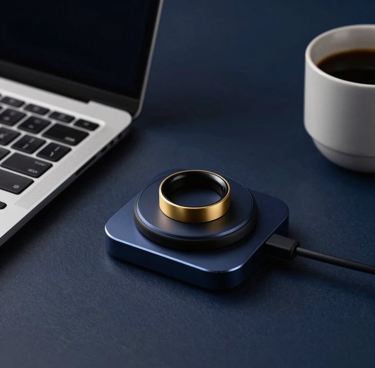 Sleek, minimalist workspace with a high-end laptop, a smart ring on a charging pad, and a single-origin coffee cup, moody studio lighting, sharp macro focus, deep navy and gold accents, 35mm