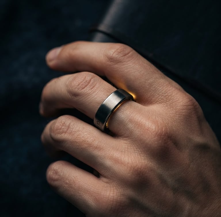 Sleek macro shot of a smart ring on a hand, subtle golden glow, low-key moody studio lighting, sharp focus on brushed titanium. Wide aspect ratio.