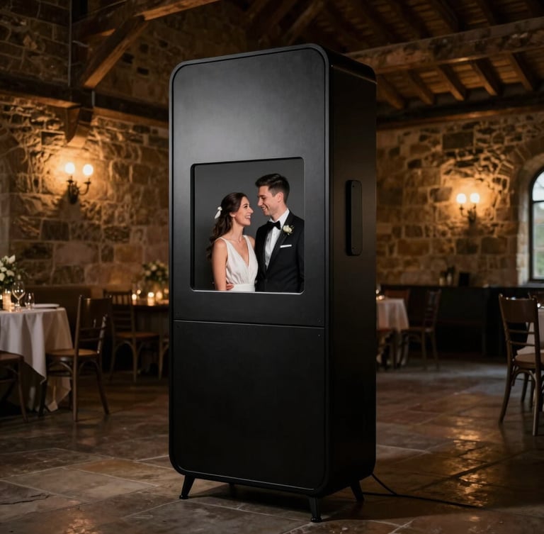 Sleek black minimalist photo booth standing in a dimly lit, historic stone-walled Yorkshire barn venue, warm ambient lighting, crisp studio flash illuminating a laughing couple in elegant evening wear, cinematic 35mm