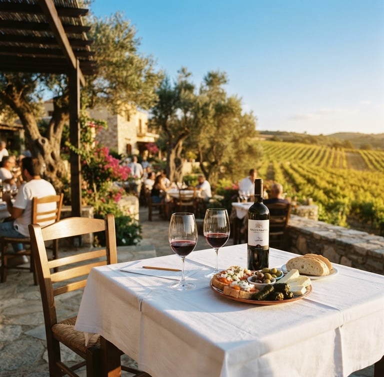 Sun-drenched outdoor tasting terrace at Fournarakis Winery, white linen tablecloths, wine glasses, and plates of Cretan delicacies, with ancient olive trees and vineyards in the background under a clear blue sky, warm golden hour light.