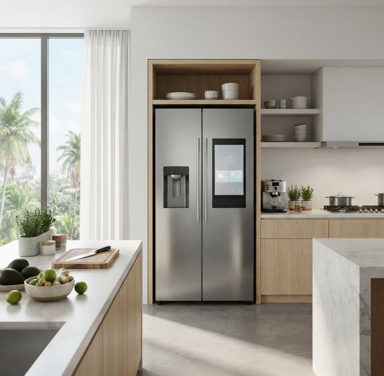 A premium double-door stainless steel smart refrigerator integrated into a bright, modern kitchen in Abidjan, soft daylight streaming through a large window, clean lines, 50mm lens.