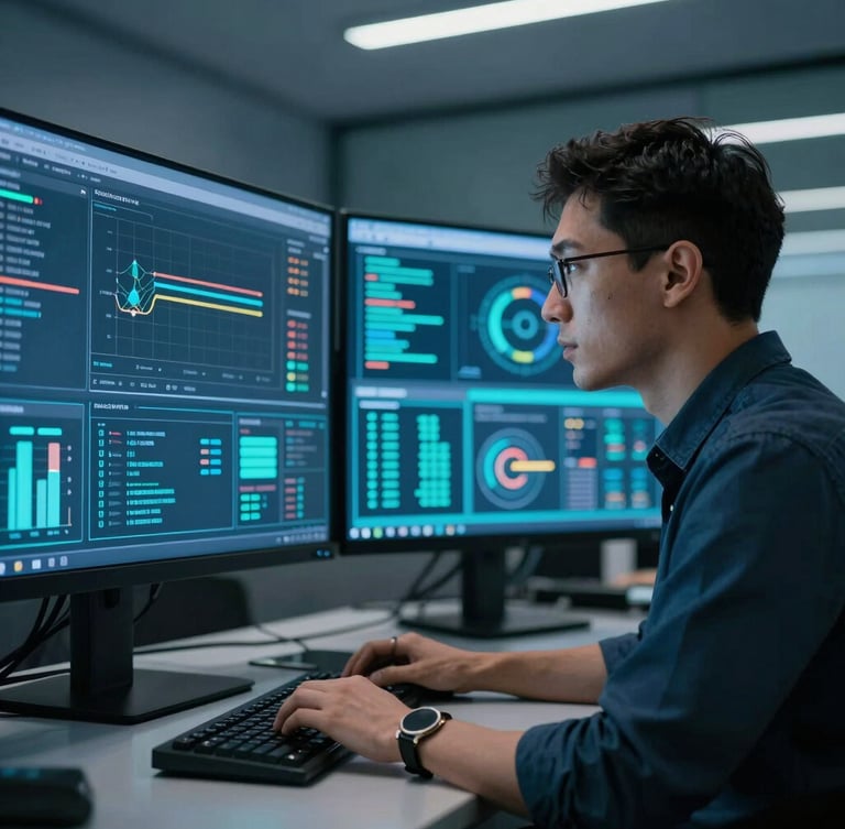 Medium shot of a digital strategist looking at high-tech data screens, cool corporate office lighting, deep blue and teal tones, sharp focus, 35mm