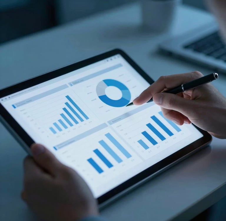 Close-up of a professional analyzing clean data charts on a tablet, cold blue studio lighting, sharp focus, modern corporate tech aesthetic