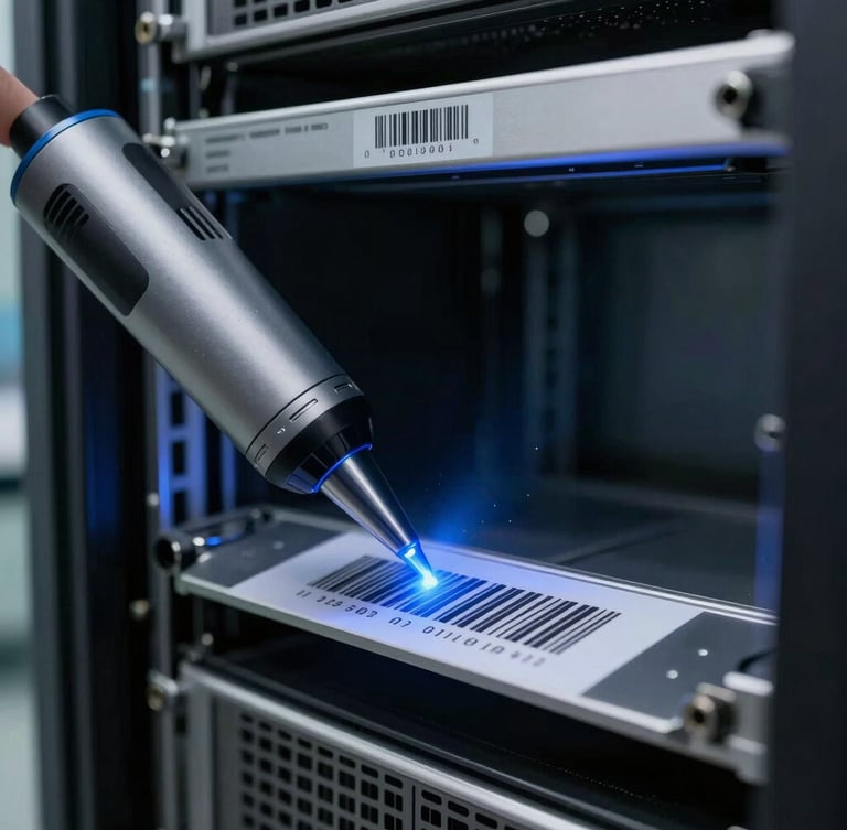 Macro shot of a clinical blue laser scanning a barcode on a decommissioned enterprise server rack in a secure facility.